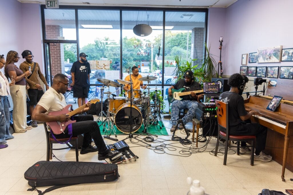 Musicians playing inside the restaurant.