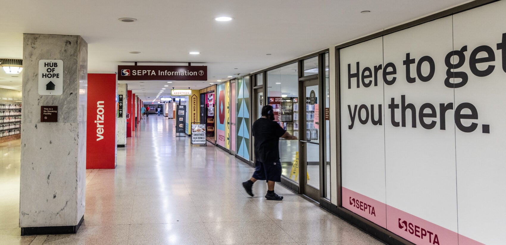 Passenger Services and Information in Suburban Station near the Regional Rail track boarding area