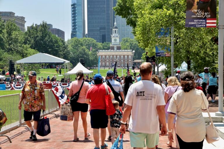 A view of Independence Mall looking south from the National Constitution Center on July 1, 2026.