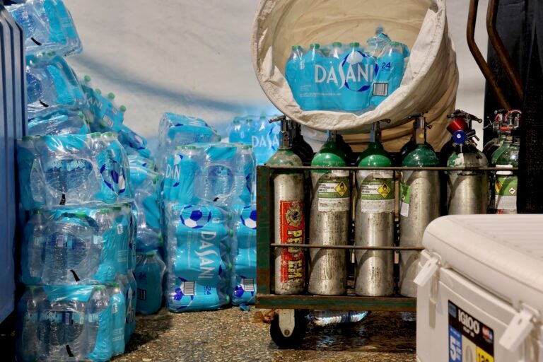 Emergency medical supplies at the FIFA Fan Fest medical services tent include lots of water