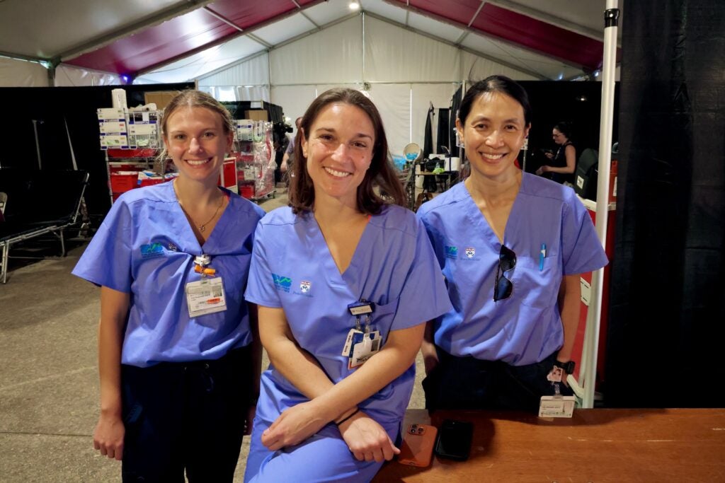 Staffing the medical tent at the FIFA Fan Fest at Lemon Hill are (from left) registered nurse Rebecca Dunedin, physician Nicole Tyczynska and physician assistant Catherine Lee.
