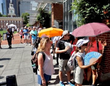 Visitors wait in line on Independence Mall to see the Liberty Bell on Thursday, July 2, 2026.