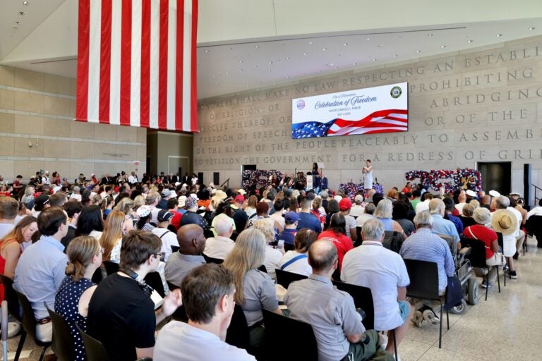 A crowd gathers at the National Constitution Center