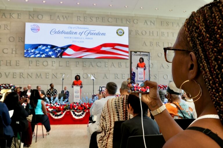 A crowd gathers at the National Constitution Center