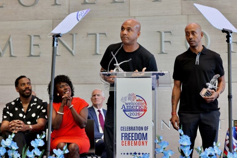 Wallace ''Wallo267'' Peeples and Nasir ''Gillie Da King'' Fard accept the Philadelphia Freedom Award for Restorative Justice and Resilience
