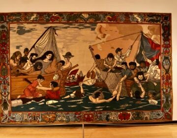 2026 07 09-e lee-doylestown pa michener museum-the crossing exhibit lugo tapestry Roberto Lugo's tapestry, commenting on modern immigration