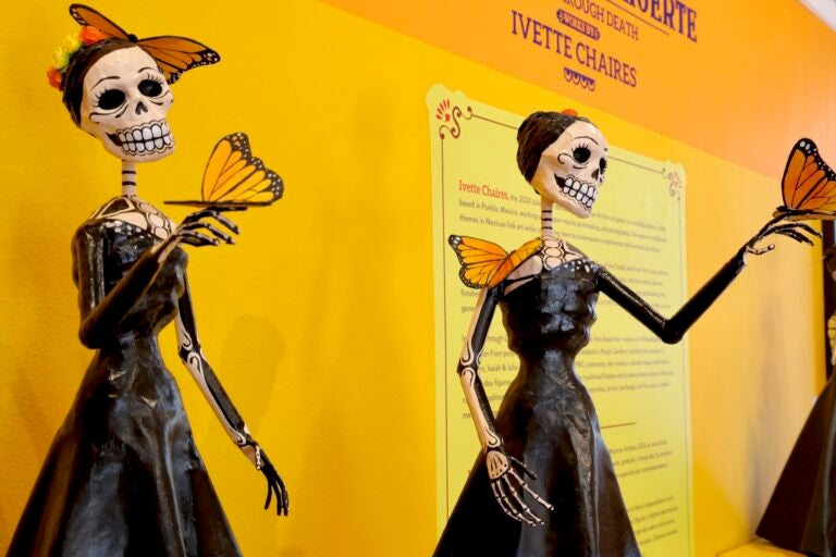 Monarch butterflies adorn two figures in ''Living Through Death: Works by Ivette Chaires''