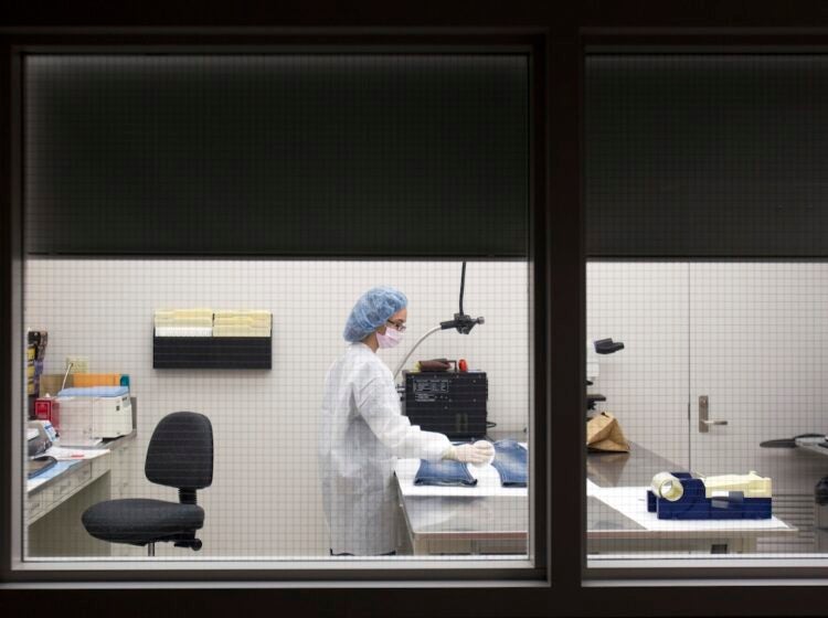 In this Friday, March 2, 2012 photo, Allyson Goble, a forensic scientist at the New York State Police Forensic Investigation Center in Albany, N.Y., screens a pair of blue jeans for biological evidence.