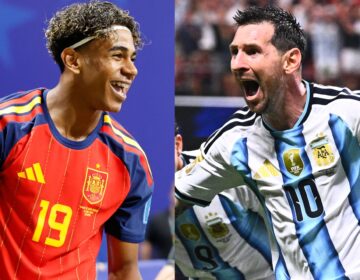 Spain's Lamine Yamal (left) and Argentina's Lionel Messi