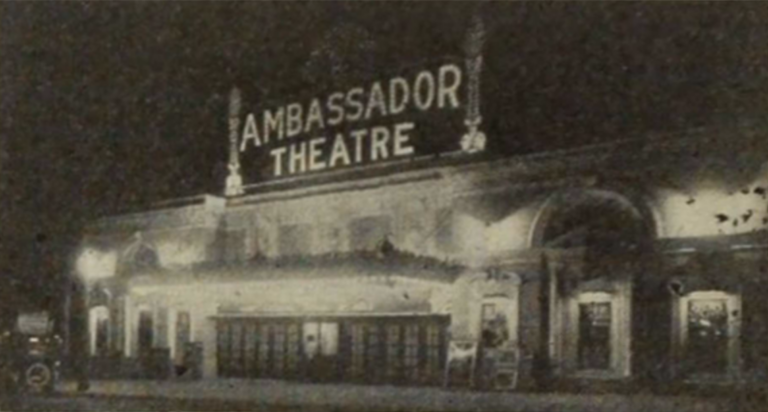 Archival photo of the exterior of the Ambassador Theatre.
