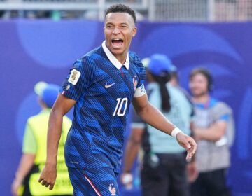 ap-mbappe-philly-bp-2026-07-04 Kylian Mbappe celebrating on the field after he scored a goal.