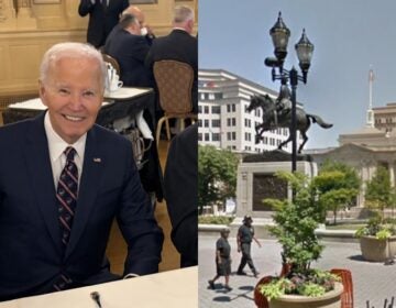 biden-rodney-square-2026-07-16 Joe Biden smiling while sitting at a table, and a photo of the statue in Rodney Square.