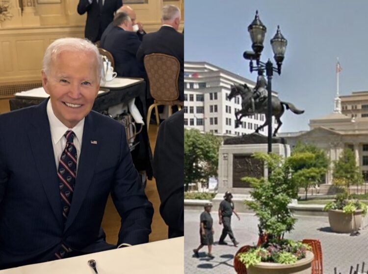 biden-rodney-square-2026-07-16 Joe Biden smiling while sitting at a table, and a photo of the statue in Rodney Square.