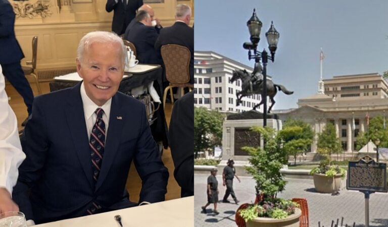Joe Biden smiling while sitting at a table, and a photo of the statue in Rodney Square.