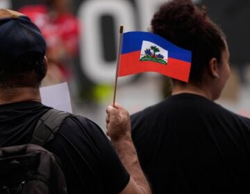Immigration TPS Someone is waving a small Haitian flag at a rally.