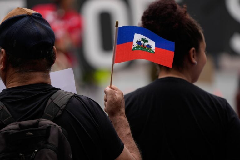 Someone is waving a small Haitian flag at a rally.