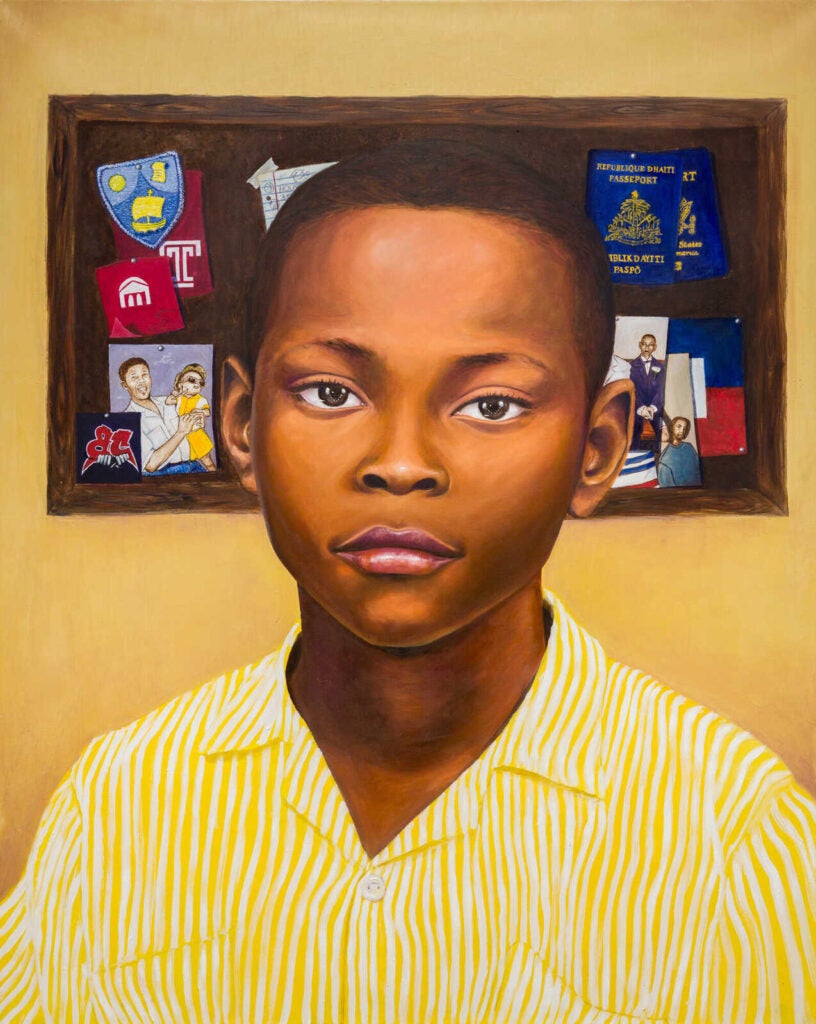 A close-up shot of a painting depicting a young Black man.