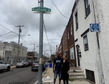 lecount-street-philadelphia-bp-072326 Executive director of the Young Chances Foundation Tyrique Glasgow and community activist Samaya Brown stand below a LeCount Street sign