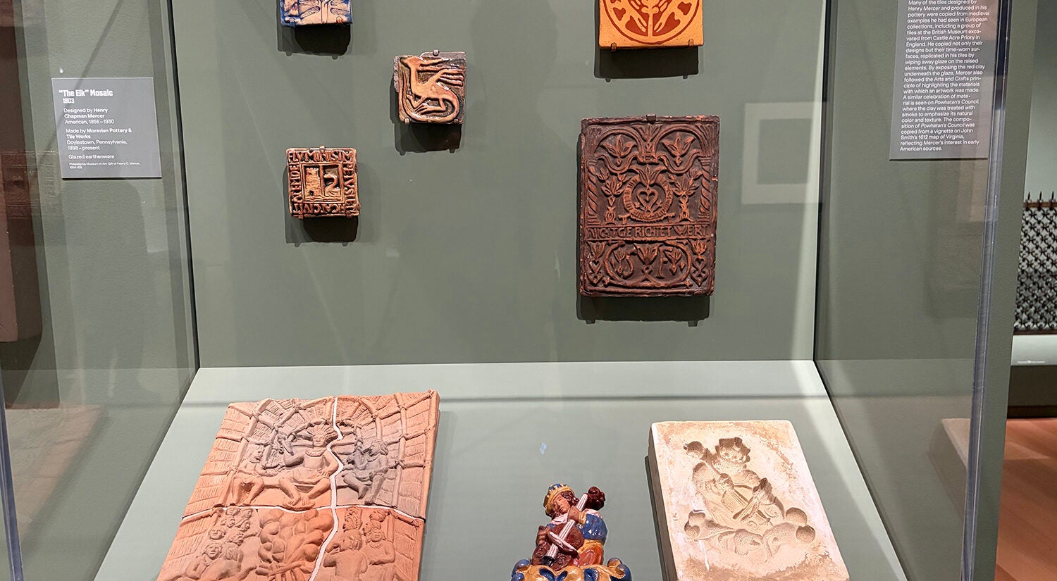 A selection of Moravian tiles made by Henry Mercer are displayed at the Philadelphia Museum of Art