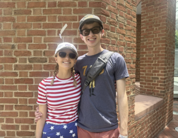 philadelphia-250th-tourists-VCW Erin Schricker and Davis Simmons pose for a photo in Philadelphia