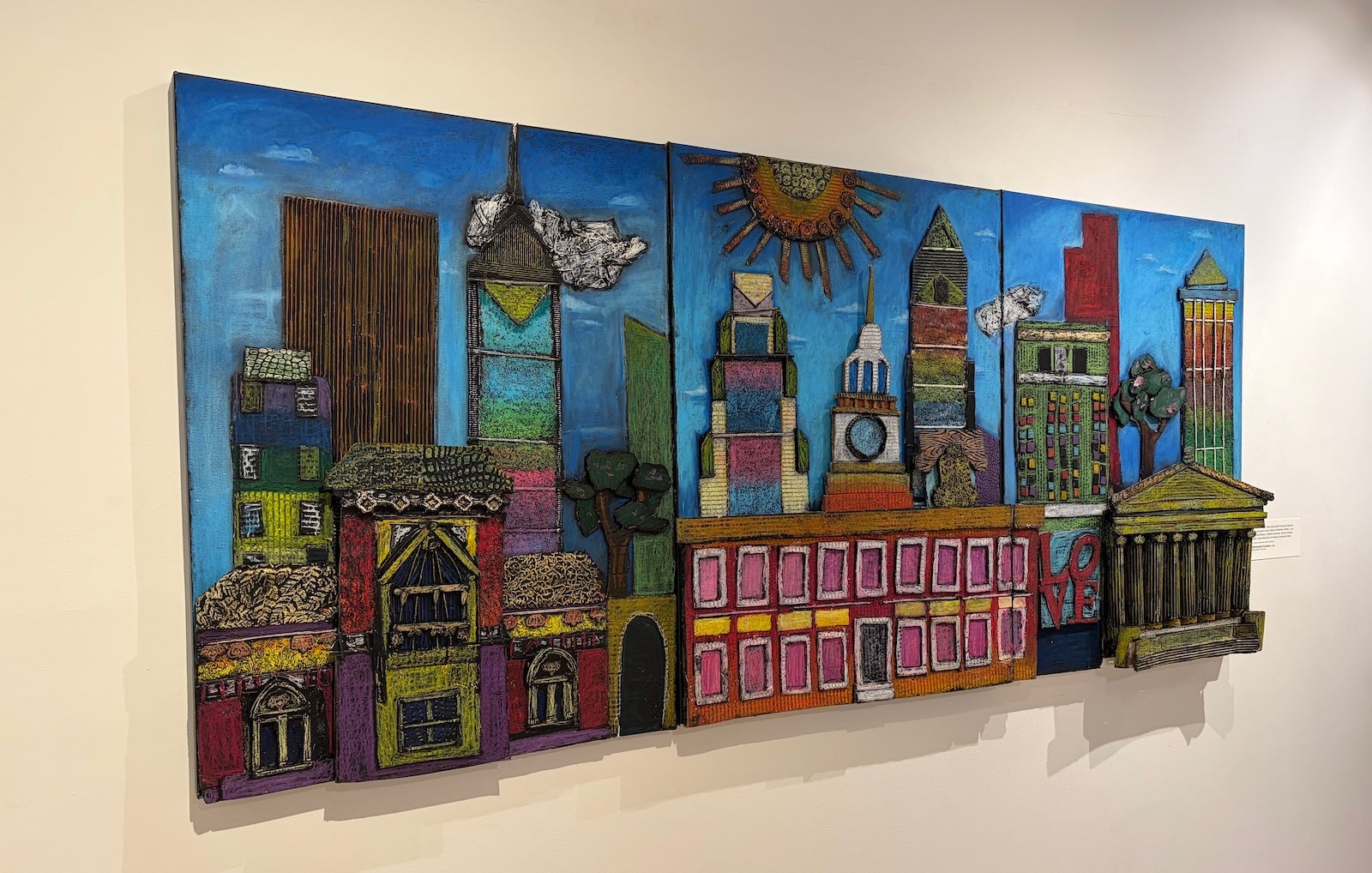 A 3D wall hanging of Philadelphia's iconic buildings, ''Philadelphia Freedom,'' made by a class of eighth graders at St. Helena-Incarnation School, in the ''Fresh Perspectives'' exhibition at the Pennsylvania Academy of the Fine Arts.