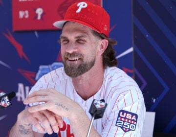 All Star Baseball Bryce Harper speaking into a microphone during All-Star week