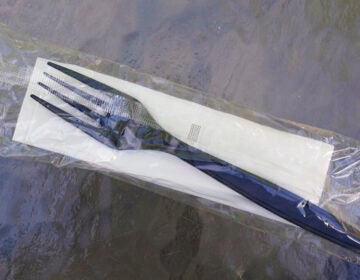 A plastic fork and napkin inside of a plastic wrapper
