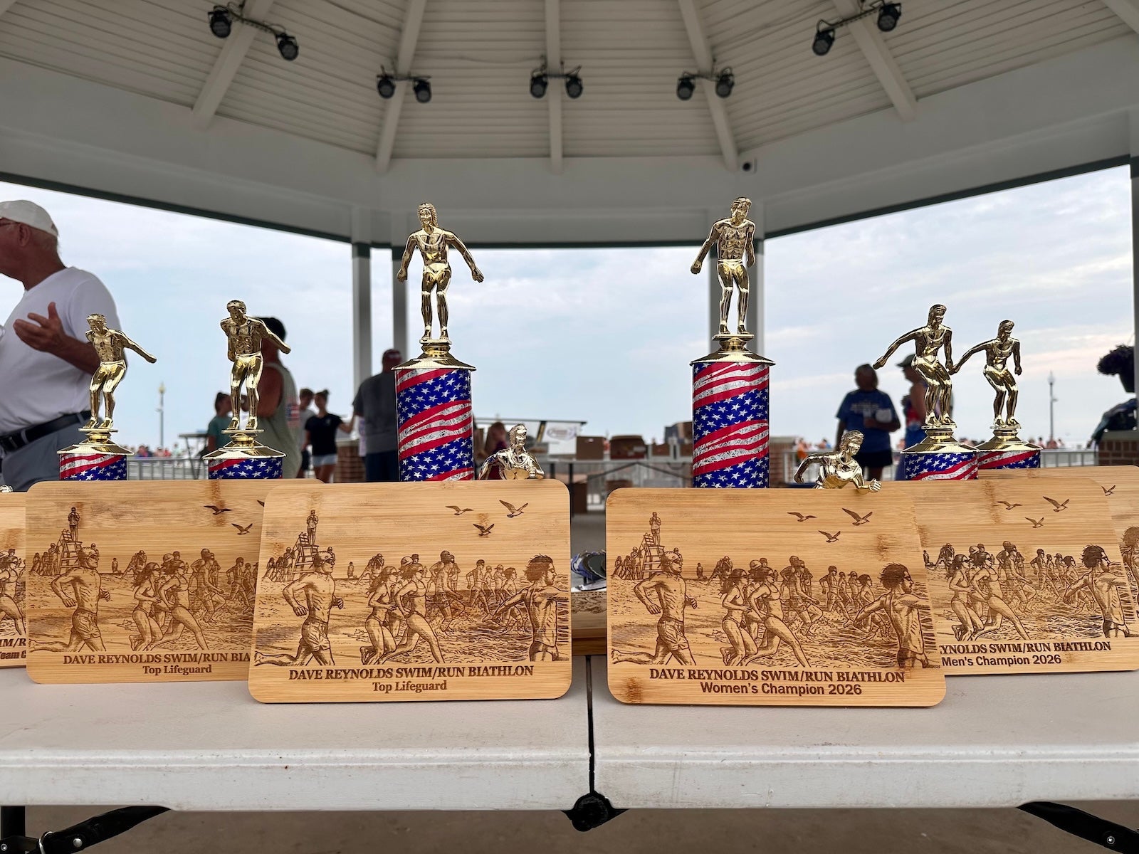 Trophies are seen at the Dave Reynolds Memorial Biathlon in Rehoboth, Delaware