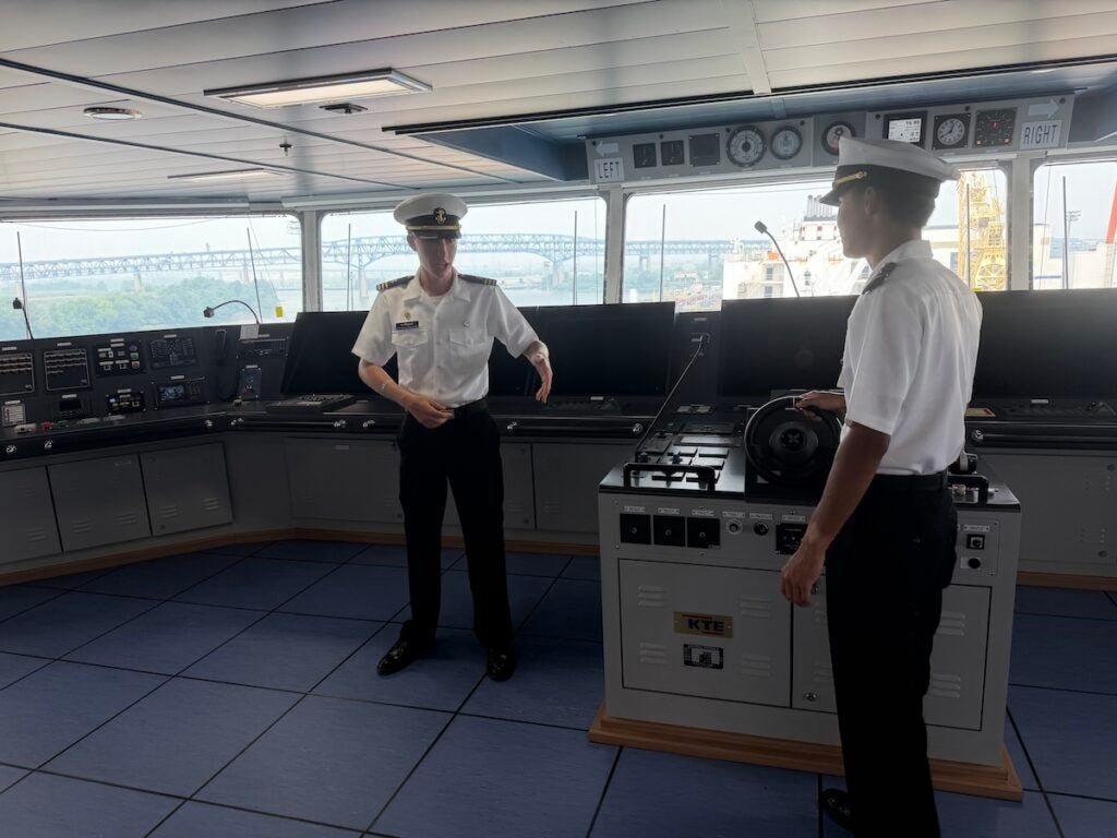 Merchant marine cadets lead a tour on the newly built T.S. Lone Star State at the Hanwha Philly Shipyard.