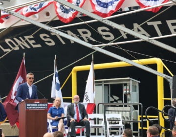 shipyard-duffy02-71726 U.S. Secretary of Transportation Sean Duffy speaks at the Hanwha Philly Shipyard in front of the newly built The Lone Star State