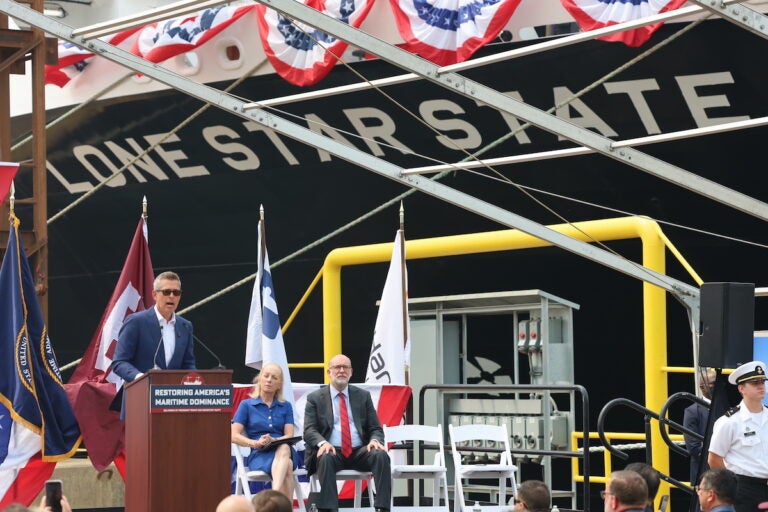 U.S. Secretary of Transportation Sean Duffy speaks at the Hanwha Philly Shipyard in front of the newly built The Lone Star State