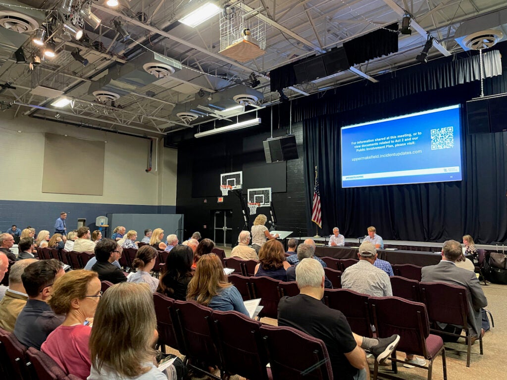 Residents are in the audience for the town hall meeting.