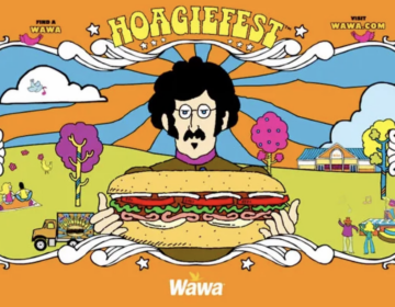 A colorful poster for Wawa Hoagiefest depicting '60s style cartoon of a man holding a huge hoagie.