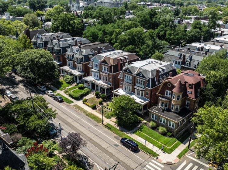 An aerial view of homes in West Philadelphia during the summertime