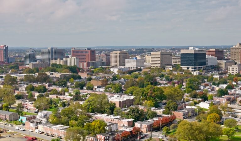 Aerial shot of downtown Wilmington in New Castle County, Delaware on an overcast day in Fall.