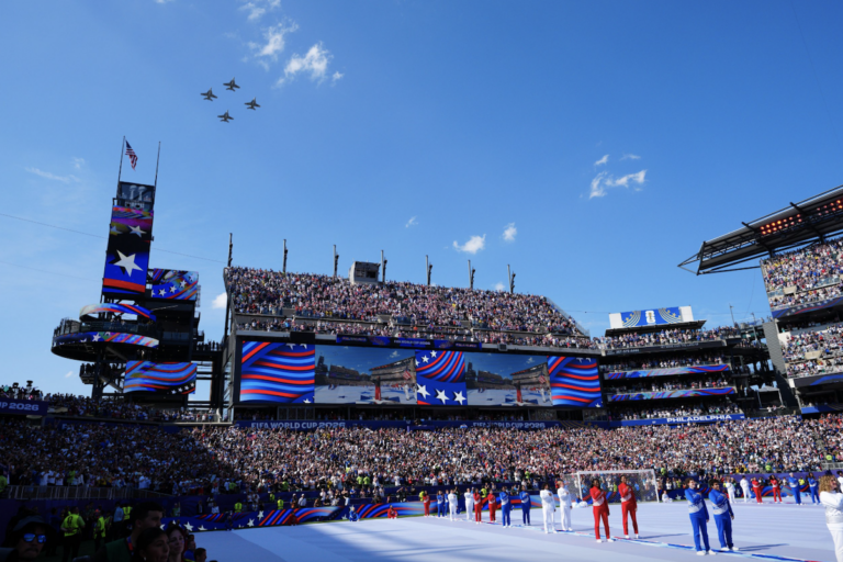 Military airplanes fly over the stadium during the World Cup round of 16 soccer match between Paraguay and France in Philadelphia, Saturday, July 4, 2026. (AP Photo/Derik Hamilton)
