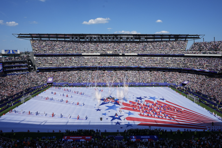 General view during pregame ceremony before the World Cup round of 16 soccer match between Paraguay and France in Philadelphia, Saturday, July 4, 2026.