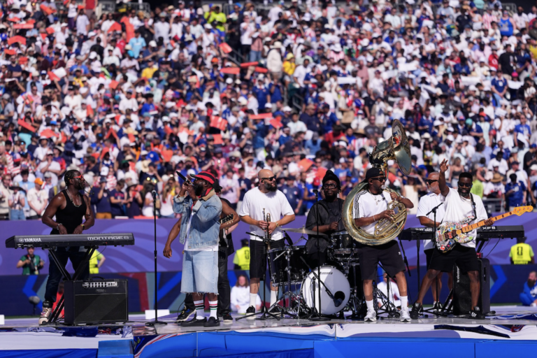 The Roots perform prior to the World Cup round of 16 soccer match between Paraguay and France in Philadelphia, Saturday, July 4, 2026.