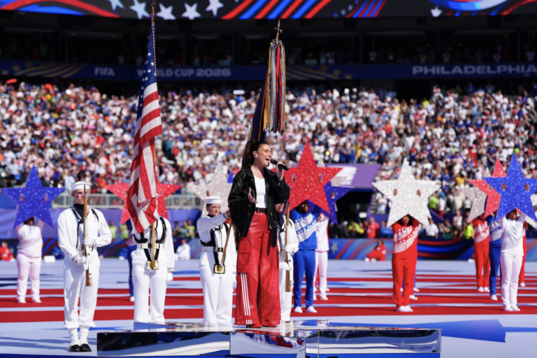 Idina Menzel sings the “Star-Spangled Banner”, the United States’ national anthem, before the World Cup round of 16 soccer match between Paraguay and France in Philadelphia, Saturday, July 4, 2026.