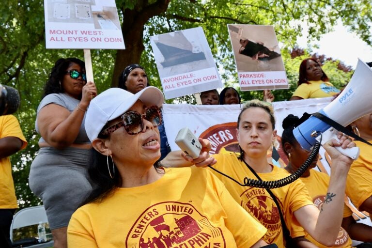 Lori Peterson speaking at a protest