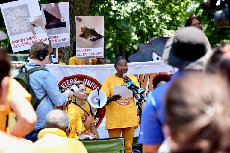 Theresa Howell speaks at a protest