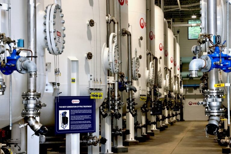 A line of tanks at a PFAS treatment plant in Stanton, Delaware