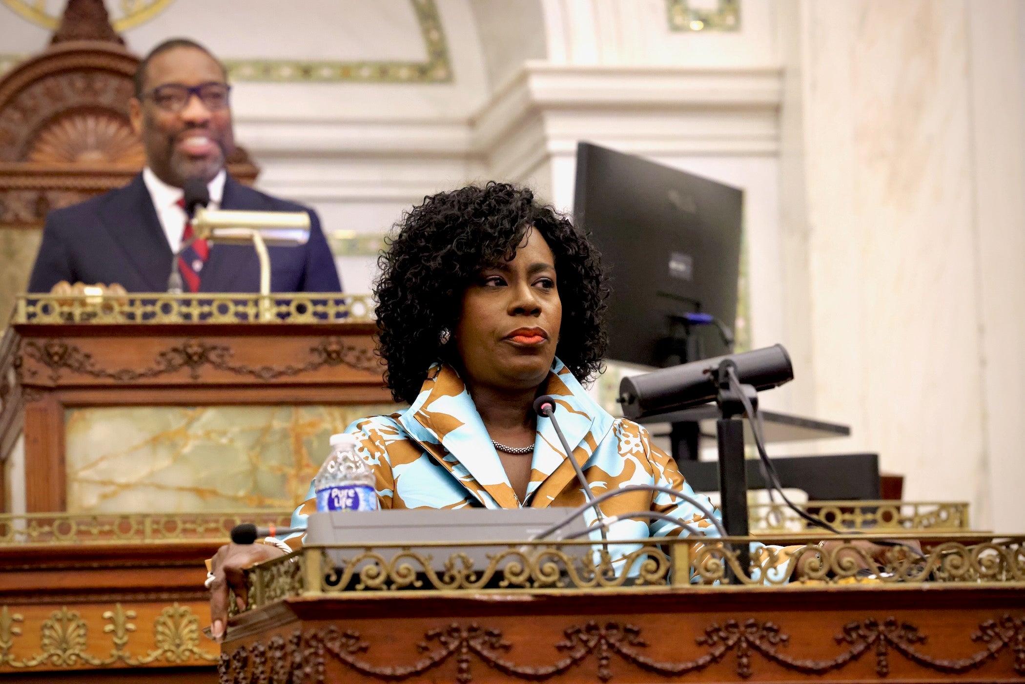Cherelle Parker looks on