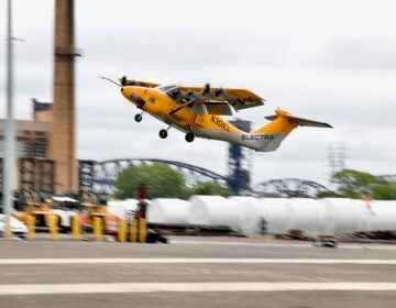2026 08 17-e lee-philadelphia tioga marine terminal-electra plane test flight takeoff An Electra prototype airplane taking off