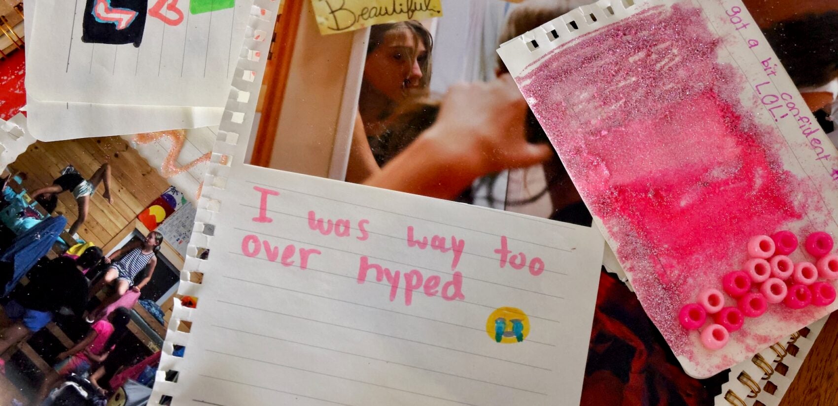 a collage of camp photographs and notes