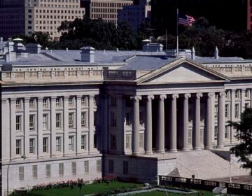 An aerial view of the U.S. Treasury Building.