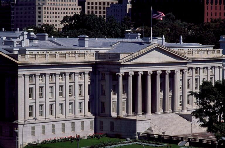 An aerial view of the U.S. Treasury Building.