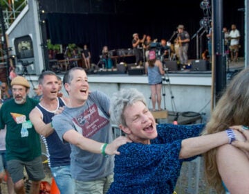 Folk-Fest-2017-22-file Audience members form a conga line while a band performs onstage