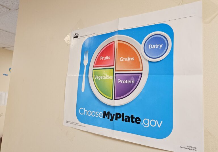 Posters about healthy eating and nutritious foods hang on the wall
