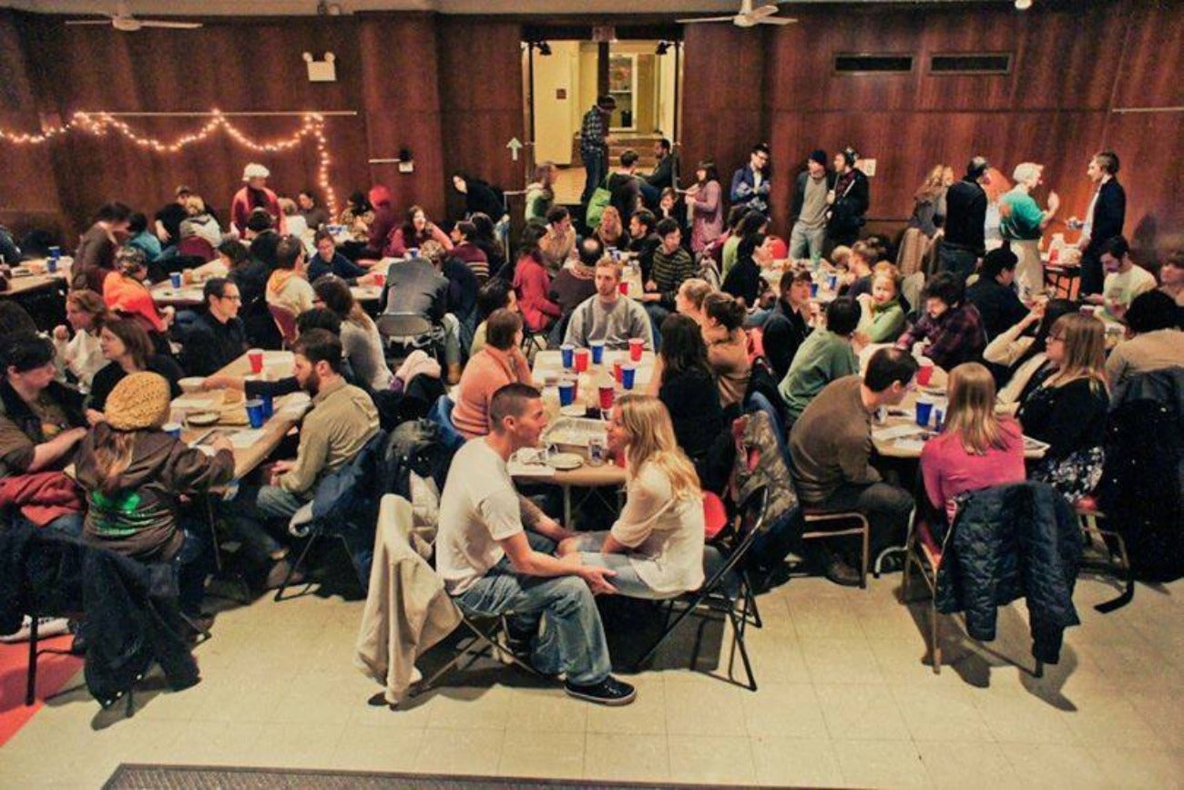 A crowd inside First Unitarian Church